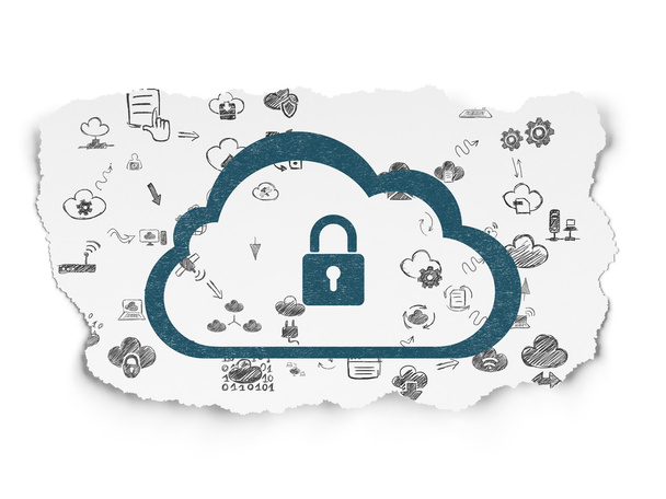 Cloud networking concept: Cloud With Padlock on Torn Paper background - Foto, afbeelding