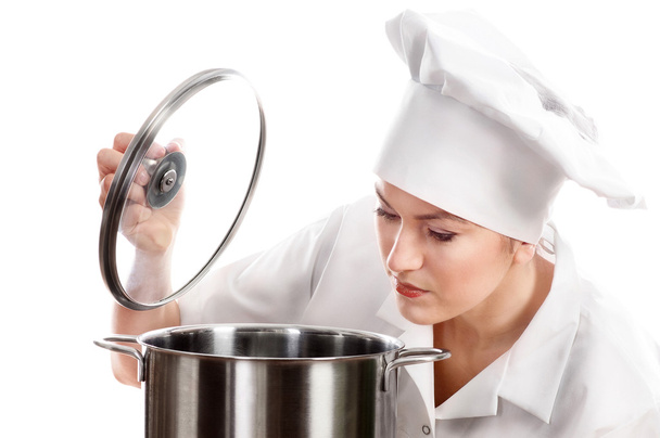 Woman chef cook with pot. - Zdjęcie, obraz