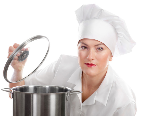Woman chef cook with pot. - 写真・画像