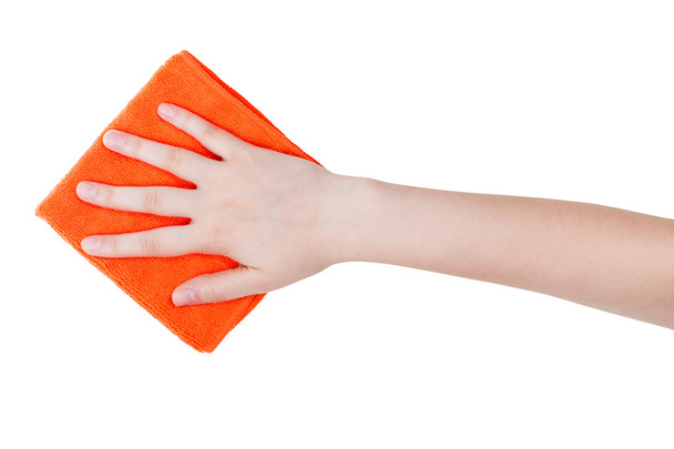top view of hand with orange wiping rag isolated - Photo, Image