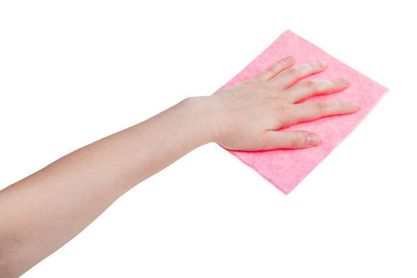 рука с розовой тряпкой промывки изолированы на белом
 - Фото, изображение