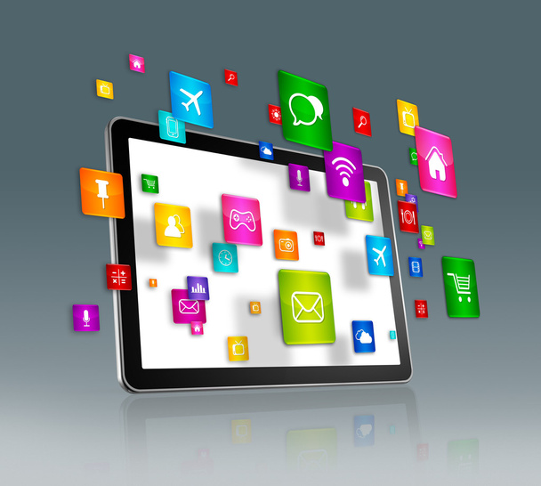Digital Tablet and flying apps icons - Фото, зображення