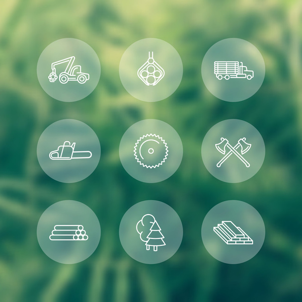 Logging, Forestry, Timber, Tree Harvester, Sawmill, logging truck, line round white icons - Vektor, obrázek