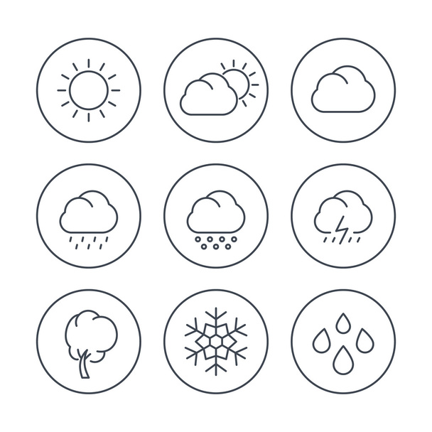 Weather, sunny, cloudy day, rain, hail, snow, wind, line icons in circles - Vektor, kép
