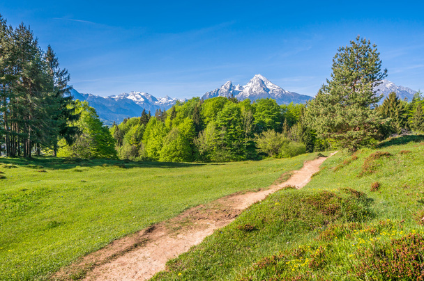 Ειδυλλιακό τοπίο στις Άλπεις με πεζοπορία διαδρομή και βουνά - Φωτογραφία, εικόνα