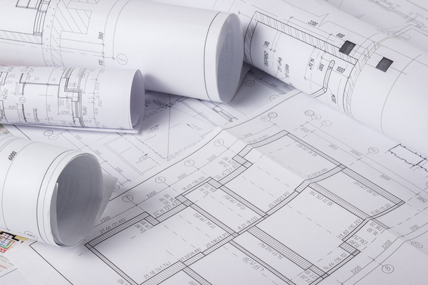 Architectural blueprints and blueprint rolls - Photo, Image