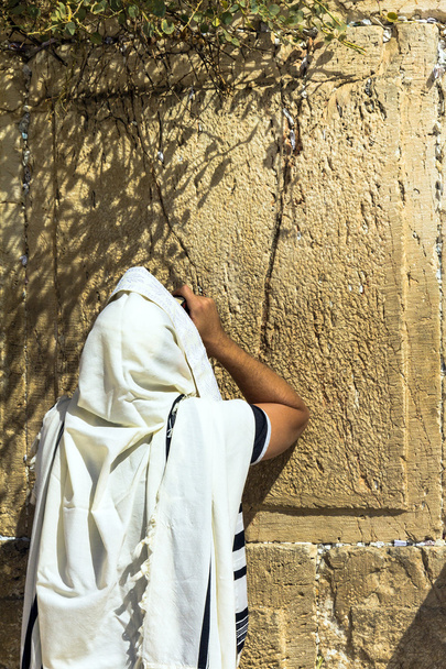 Adorador judío no identificado en el alto rezando en el Muro de los Lamentos un importante sitio religioso judío
 - Foto, Imagen