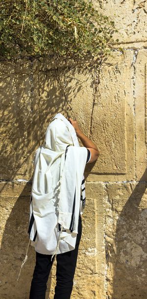 Niezidentyfikowane czcicielem żydowskiej w tallith modląc się przy ścianie płaczu ważnym miejscem Żydowskich religijnych - Zdjęcie, obraz