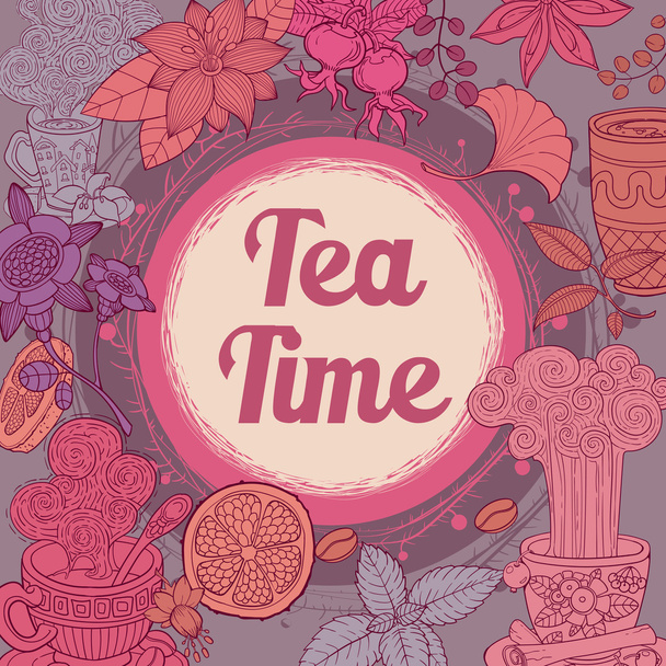 Menü für Restaurant, Café, Bar, Kaffeehaus, handgezeichnete Skizzenillustration. Tea Time Vintage Vorlage. rosa und braune Farben - Vektor, Bild