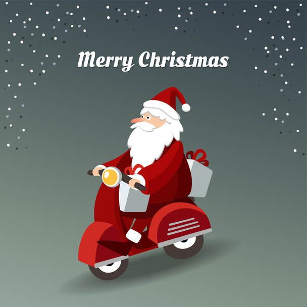 Cute christmas greeting card with Santa Claus driving red scooter and delivering gifts, vector - Вектор, зображення