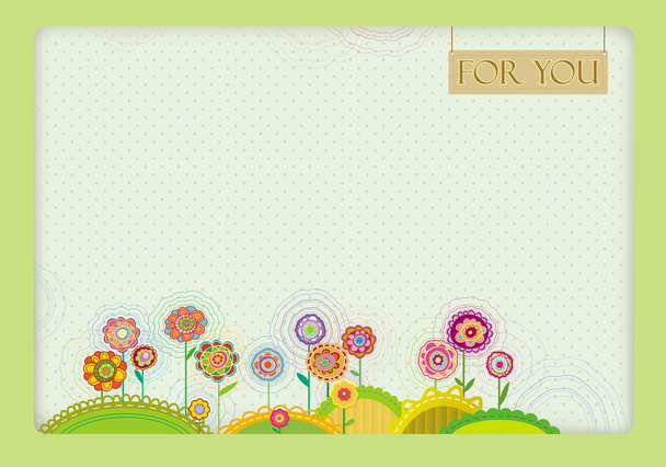 Festive frame with colorful decorative flowers on the flat openwork hills - Vector, Imagen