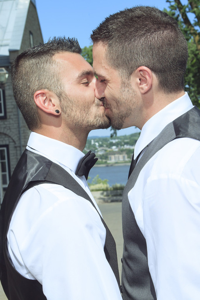 loving gay male couple on their wedding day. - Фото, изображение
