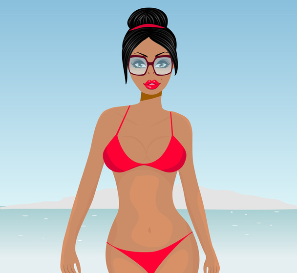 sexy Mädchen im roten Bikini am Strand - Vektor, Bild