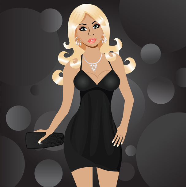sexy blondes Partygirl im schwarzen Kleid - Vektor, Bild