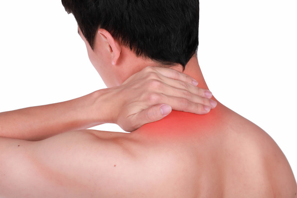Close up sofferenza dolore maschile nel collo isolato sfondo bianco
. - Foto, immagini
