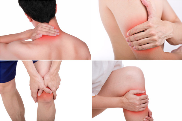 Gros plan positions masculines douleurs serties de blanc isolé médicamenteux
  - Photo, image