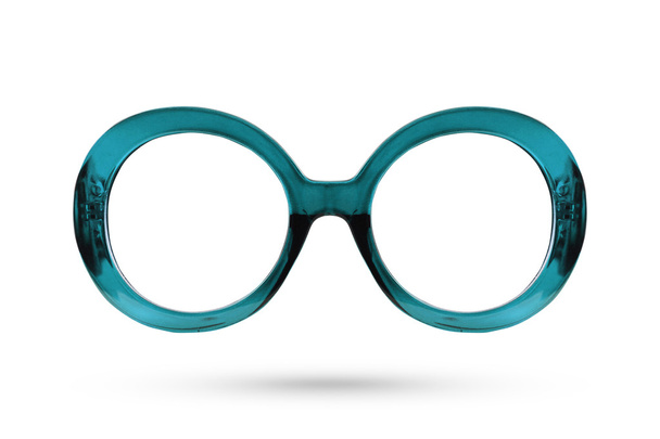 Divat-kék szemüveg stílus műanyag keretes elszigetelt fehér fonákkal - Fotó, kép