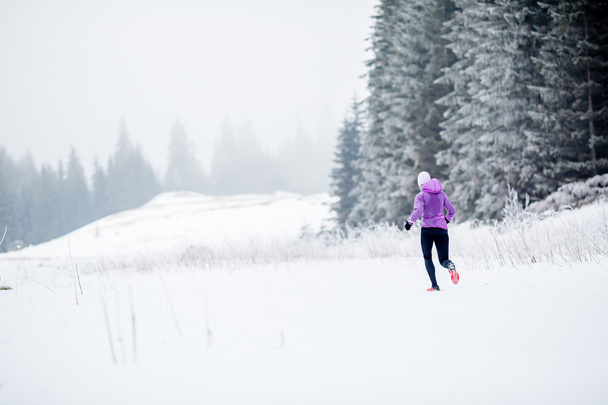 インスピレーションとモチベーションをジョギング、冬の走っている女性 - 写真・画像