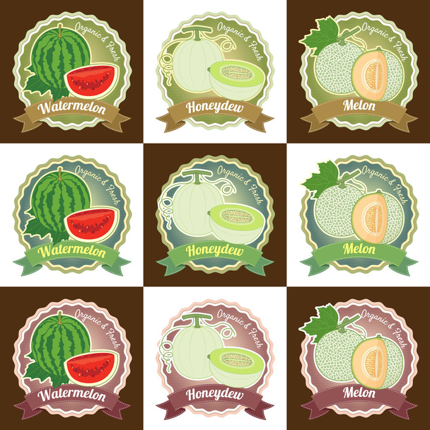 Ensemble de divers fruits frais melon étiquette de qualité supérieure badge
 - Vecteur, image