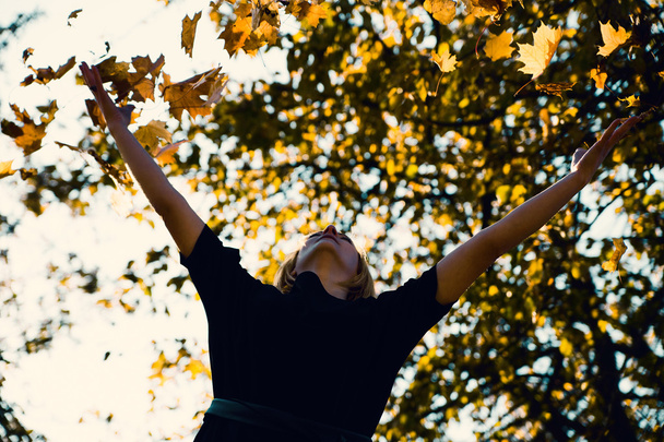 güzel bir genç kadın sonbahar atma bırakır - Fotoğraf, Görsel