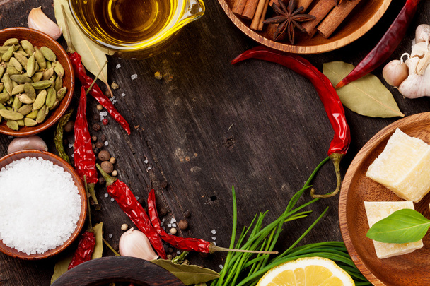 Various spices on wooden background - Photo, Image