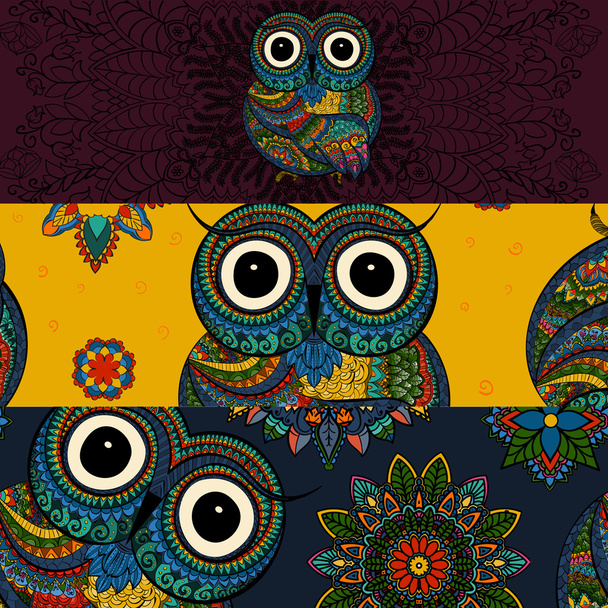 Set of banners in doodle ornamental style with ornamental owl. Beautiful frames and backgrounds - Vector, Image