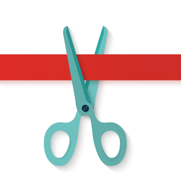 Flat design icon scissors cutting red horizontal ribbon. - Vector, Image