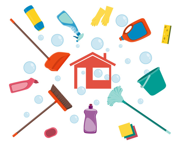 Huis schoonmaken. Poster hulpmiddelen voor schoonmaak op een witte achtergrond en zeepbellen. Vectorillustratie - Vector, afbeelding