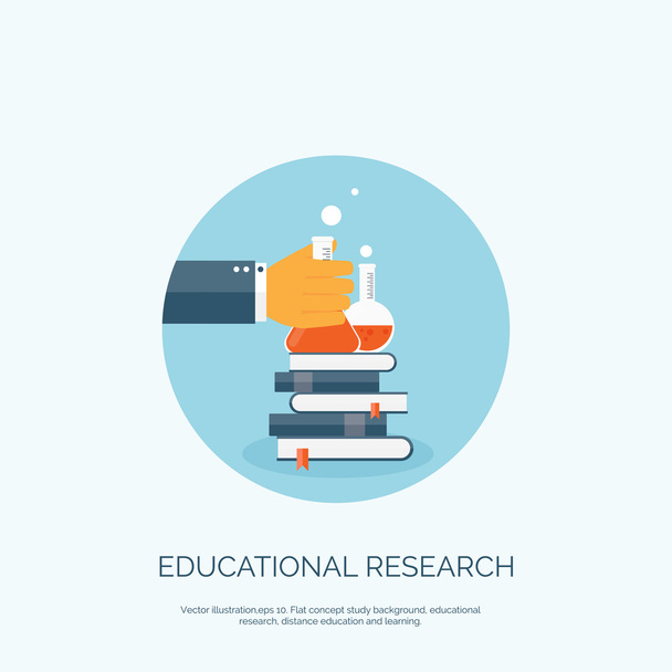 Flat vector illustration with books and flask. Study and learning concept background. Educational research. - ベクター画像