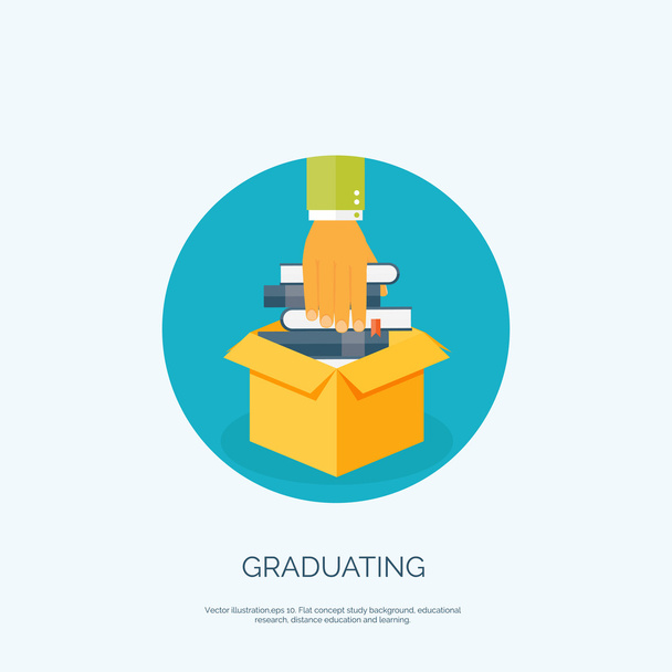 Vector illustration. Flat background with hand and books in box. Graduating. Univercity and school. - Διάνυσμα, εικόνα