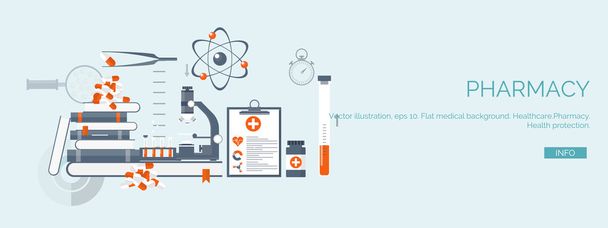 Vector illustration. Flat medical backgrounds set. Health care and first aid, medical research and cardiology. Medicine and study. Chemical engineering and pharmacy. - Vektör, Görsel