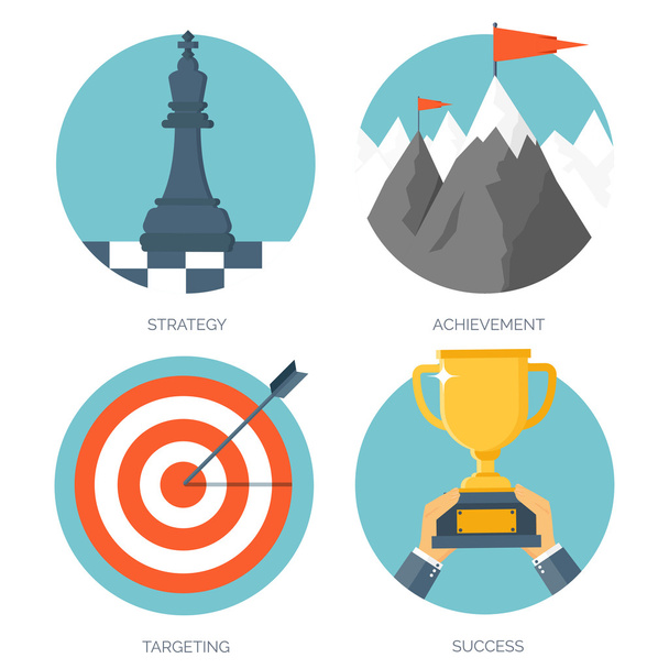 Vector illustration set. Flat business concept background. Achievements and mission. Aims and new ideas. Smart solutions. Travelling. - Διάνυσμα, εικόνα