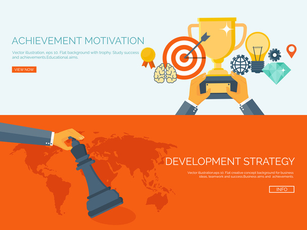 Flat vector illustration backgrounds set. Trophy and chess. Management and achievements. Smart solutions and business aims. Generating ideas. Business planning and strategy - Vector, Image