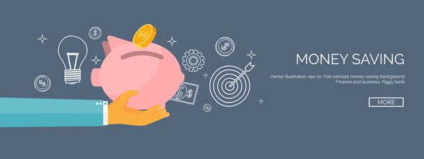 Flat vector illustration backgrounds set. Piggy bank and deposit. Money  saving and money making. Web payments. World currency. Internet store, shopping. Pay per click. Business. - Vektör, Görsel