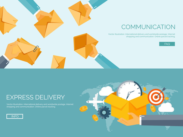 Flat vector illustration backgrounds set. International delivery and worldwide postage. Emailing and online shopping. Envelope and package. - Vektor, obrázek