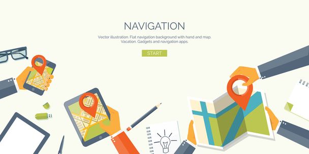 Vektorillustration. Flachkopfball. Navigation und Reisen. Kartenzeiger und Standortbestimmung. Web-Anwendung. - Vektor, Bild