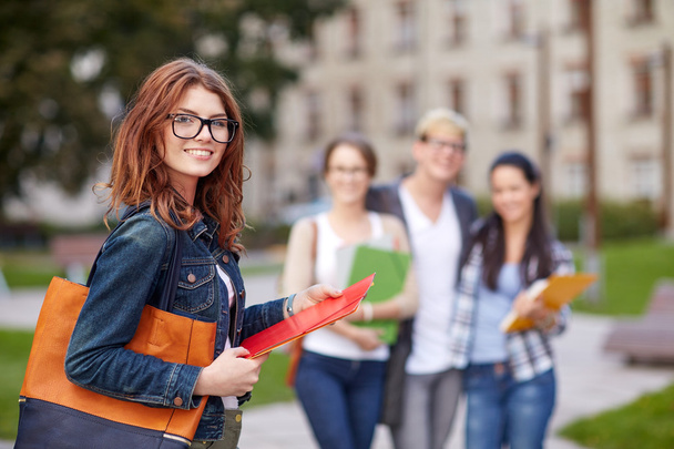 happy teenage students with school folders - Zdjęcie, obraz