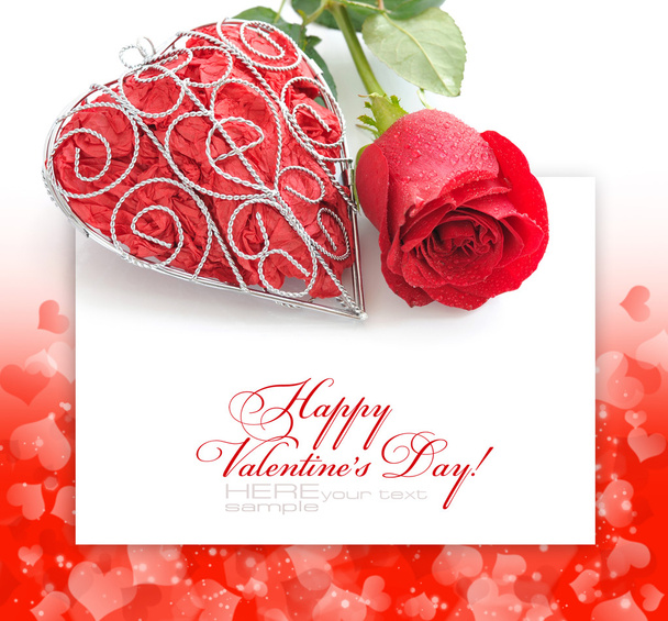 Decorative heart with red rose on a festive background with spac - Photo, Image