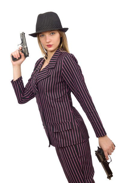 Gángster mujer con arma aislada en blanco - Foto, imagen