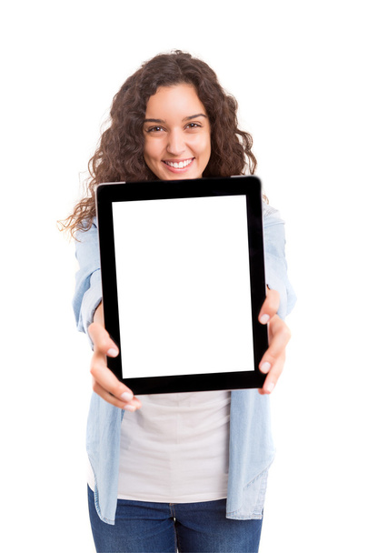 Kobieta, prezentując swój produkt w cyfrowy tablicowy - Zdjęcie, obraz