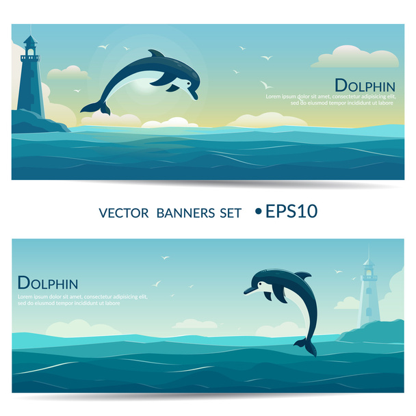 Jumping dolphin, blue sea background with waves and lighthouse. Vector banners - Διάνυσμα, εικόνα