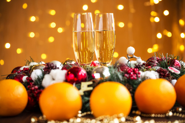 Two champagne glasses, christmas decorations - Fotoğraf, Görsel