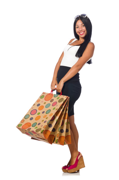 白い買い物袋を持つ女性 - 写真・画像