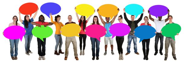 Group of young multi ethnic people holding speech bubbles with c - Fotoğraf, Görsel