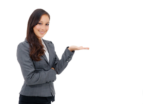 Business woman pointing white copy space - Foto, Imagen