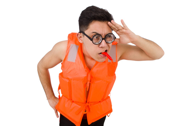 Смешной человек в оранжевом спасательном жилете - Фото, изображение