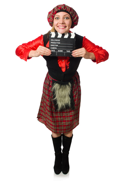 Femme drôle en vêtements écossais avec panneau de film
 - Photo, image