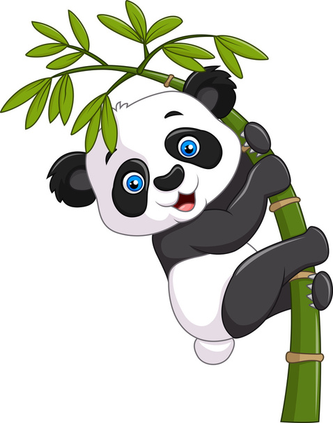 Cute funny baby panda hanging on a bamboo tree - Vektör, Görsel
