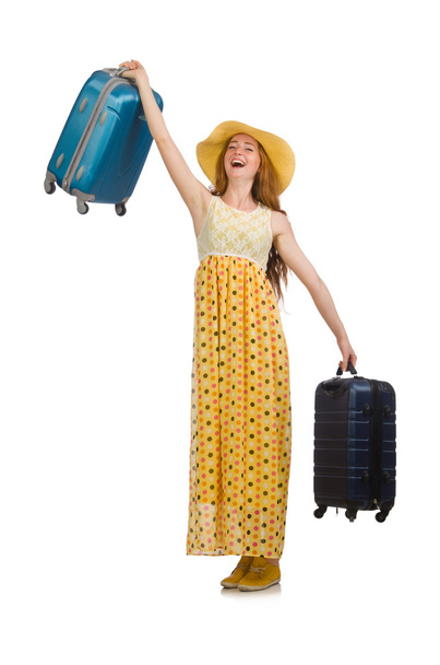 Woman ready for summer travel isolated on white - Photo, Image