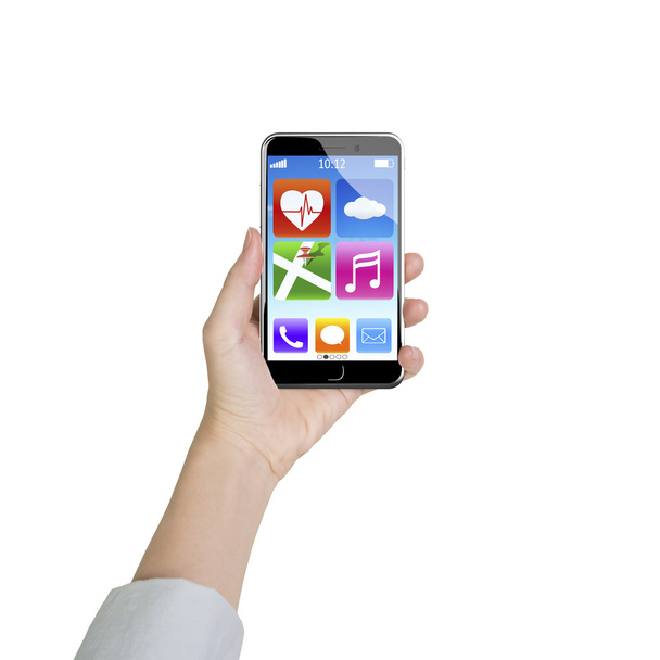 Femme main tenant smartphone avec des icônes app
 - Photo, image